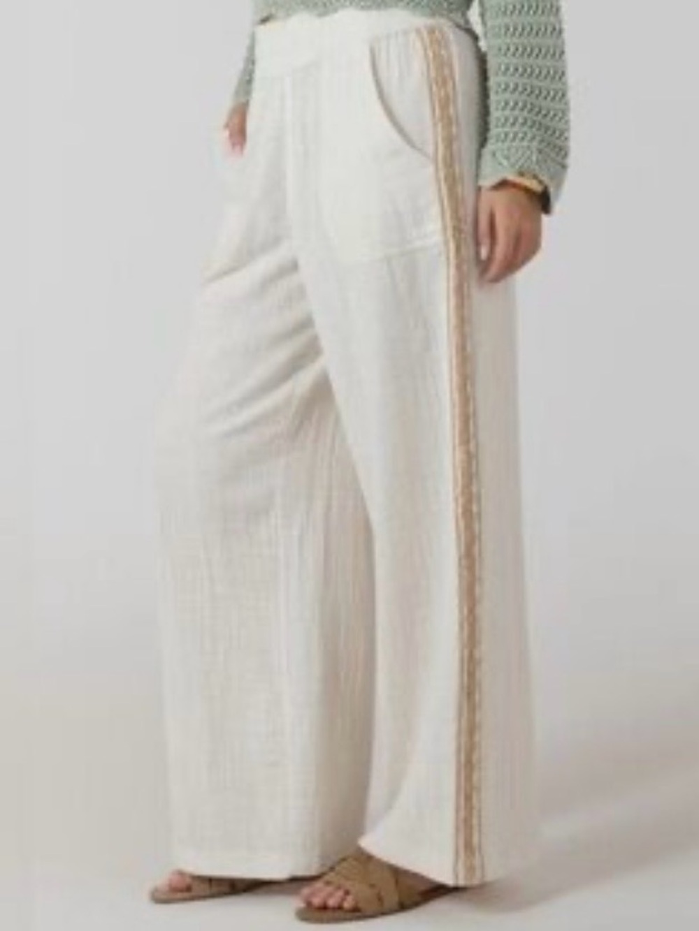 aerie Cream Gauzy Wide-Leg Lounge Pants with crochet beige border on legs.